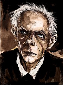 Bela Bartok por Neale Osborne, caricatura en pluma y acuarela